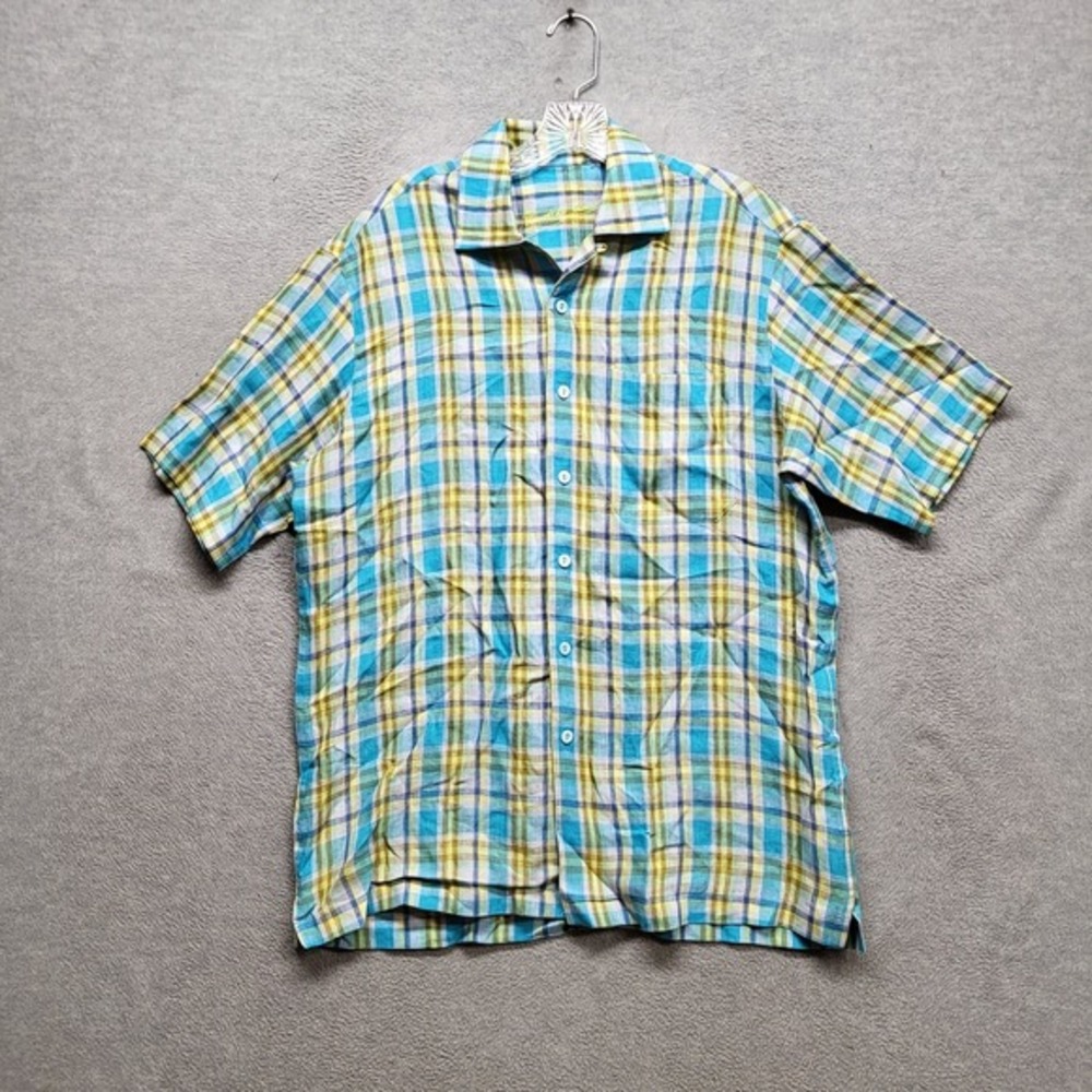 Bugatchi Uomo Men Button Up Shirt S Blue Yellow Green White Plaid Short